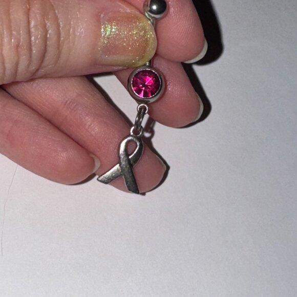 Hot Pink Awareness Ribbon Dangle Belly Ring - Picture 5 of 10